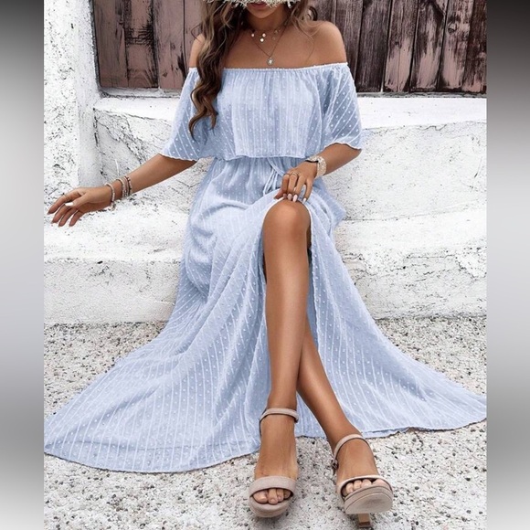 NEW Elegant Off-Shoulder Baby Blue Maxi Dress - Picture 3 of 5